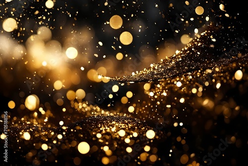 Abstract festive dark background adorned with golden glitter and mesmerizing bokeh lights