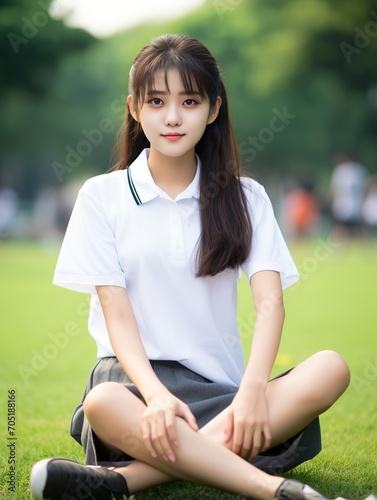 Asian school girl sitting on the grass