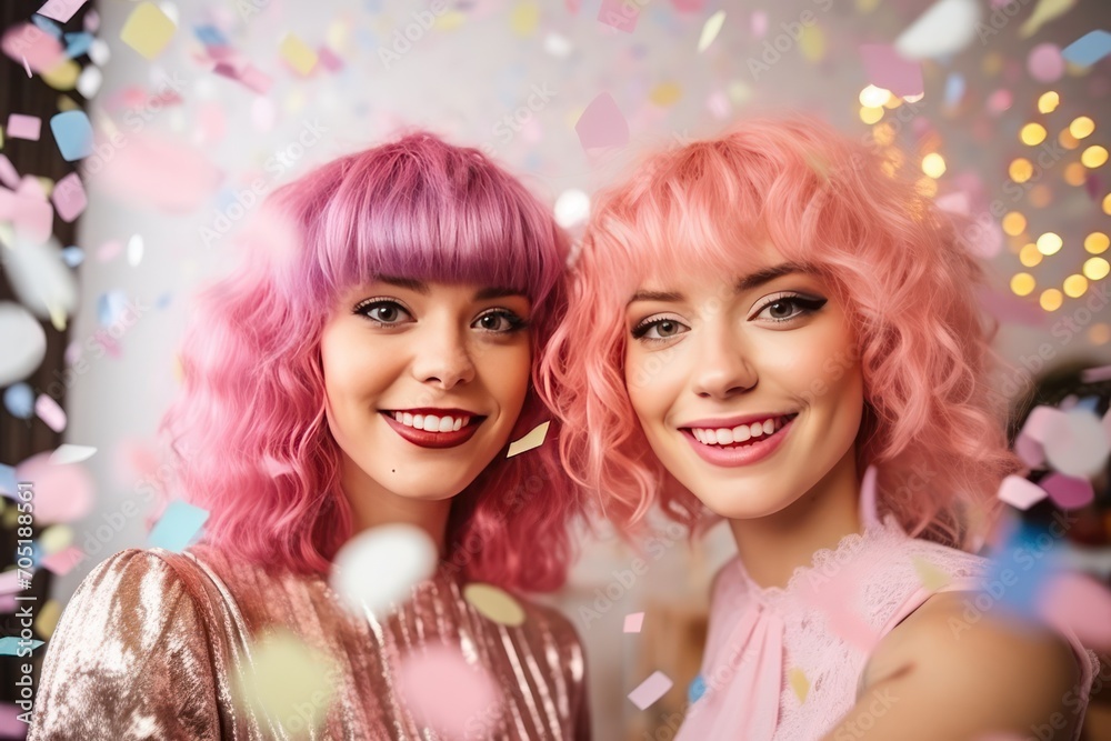 two girls in pink hair wigs at graduation party with confetti and balloons taking selfie and looking happy, smiling