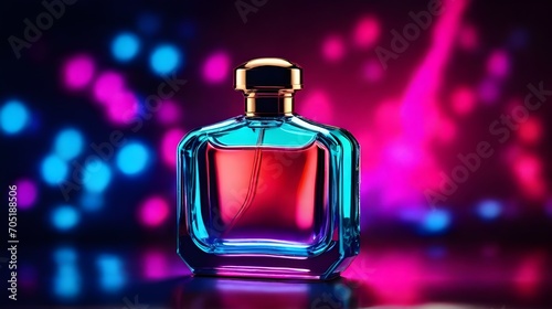 International Fragrance Day March 21. Closeup luxury designed Perfume bottle isolated on neon background with copy space for text. Product Photography concept. Perfume bottle luxury design for logo © Sadushi