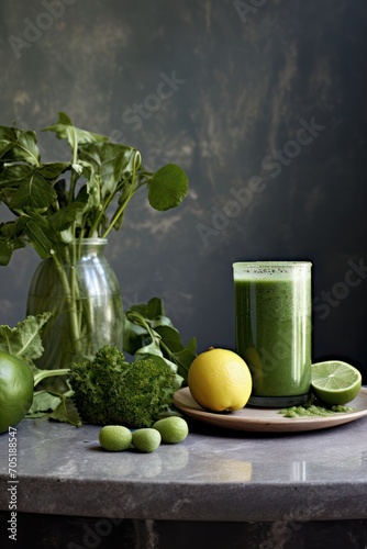 green juice smoothie at black minimal kitchen. Healthy vegan lifestyle eating vegetable. Vitamin diet.