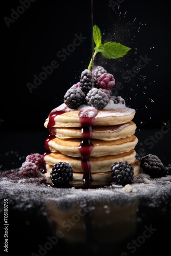 vegan pancakes with fresh blackberry berries on black background with sugar powder falling on them looking like snow. Winter breakfast christmas concept.