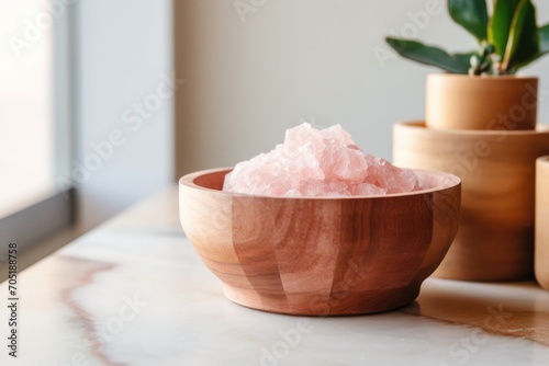 pink himalayan salt in marble small bamboo wooden bowl at minimal kitchen with beige wall background photo