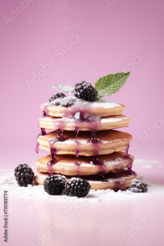 vegan pancakes with fresh blackberry berries on lilac pastel pink background  with sugar powder falling on them looking like snow. Winter breakfast christmas concept. valentines day breakfast photo