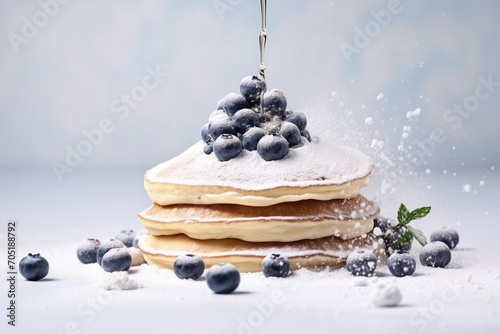 vegan pancakes with fresh blueberry berries  with sugar powder falling on them looking like snow. Winter breakfast christmas concept on light blue white gray background. valentines day breakfast photo