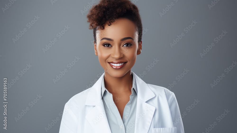 Professional woman with short hair wearing glasses and a white lab coat , smiling confidently with her arms crossed, against a colored background.