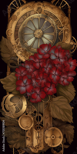 floral, vintage background, flover, products, enginer, generative, ai, steampunk, background, clockwork, brooch, jewelry, red
