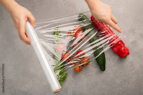 Packaging materials for food storage. Plastic film for storing vegetables and fruits.