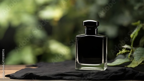 International Fragrance Day March 21. Closeup Black Perfume bottle isolated on nature background with copy space for text. Product Photography concept. Perfume bottle luxury design for banner, poster