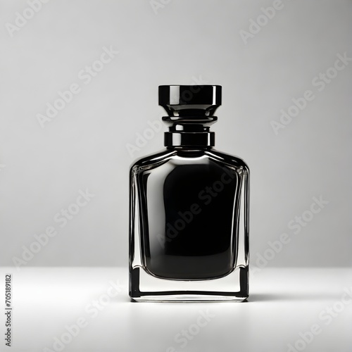 International Fragrance Day March 21. Closeup Black Perfume bottle isolated on white background with copy space for text. Product Photography concept. Perfume bottle luxury design for banner, poster