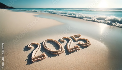 New Year 2025 Written on Sandy Beach