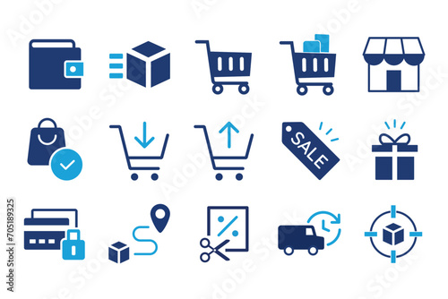 E-commerce Marketplace icon set. Online shopping and delivery elements. E-business symbol. Solid icons vector collection.