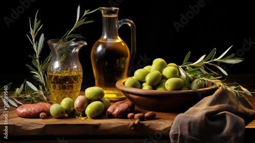 illustration of a bottle with olive oil and some olives.AI generated.