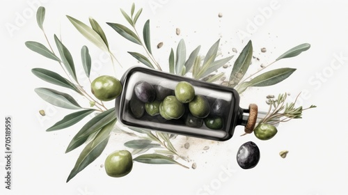 illustration of a bottle with olive oil and some olives.AI generated. photo