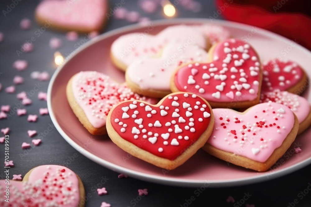Decorated heart shaped cookies on the plate close up Decorated heart shaped cookies on the plate close up
