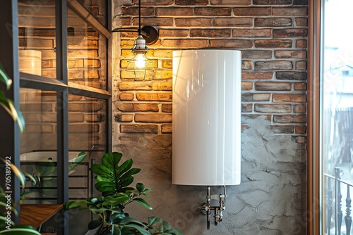 
Sleek modern water heater mounted on a bathroom wall, essential for comfort living. photo