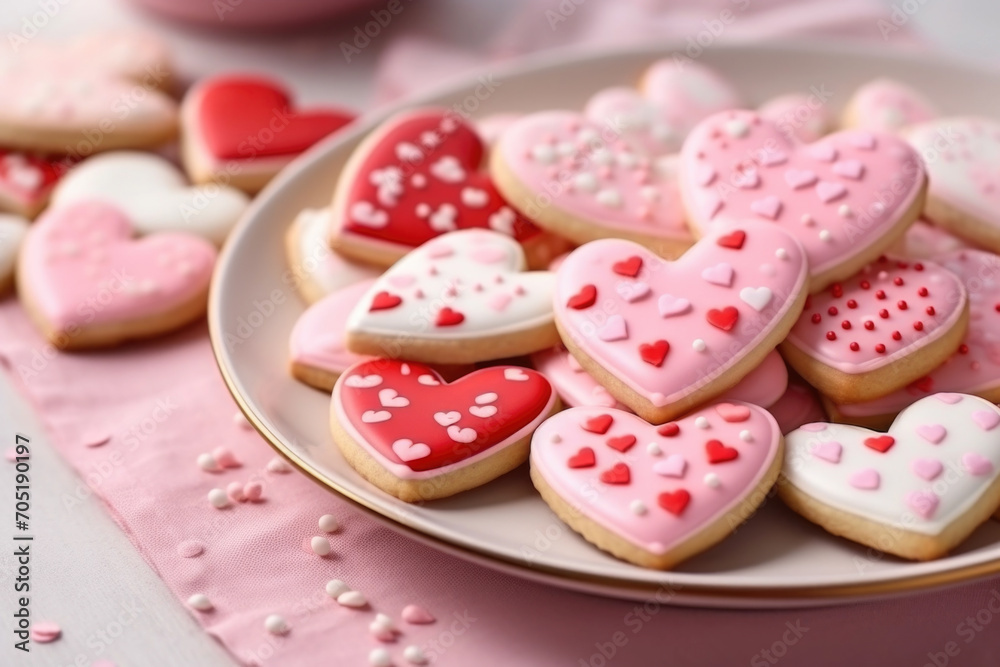 Decorated heart shaped cookies on the plate close up Decorated heart shaped cookies on the plate close up