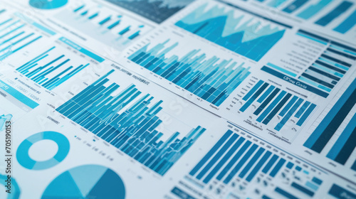 Close-up of various business analytics and metrics displayed in charts and graphs