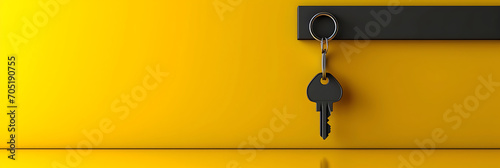 Real estate concept with a key ring and keys on a bright yellow background. 3D rendering photo