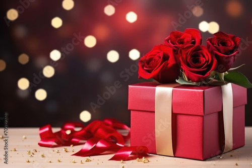 Gift box with ribbon and red roses close up © pilipphoto