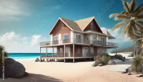 House on the beach with palm trees. Conceptual image. 