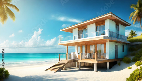 House on the beach with palm trees. Conceptual image.  © Raiyah