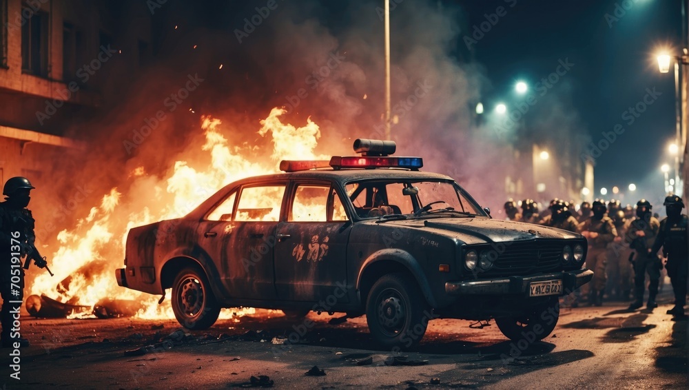 Obraz premium Burning Police Car generative AI 