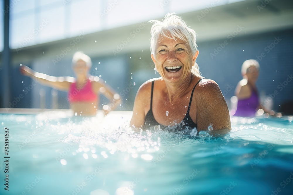 Ecstatic elderly female having fun in swimming pool with friends