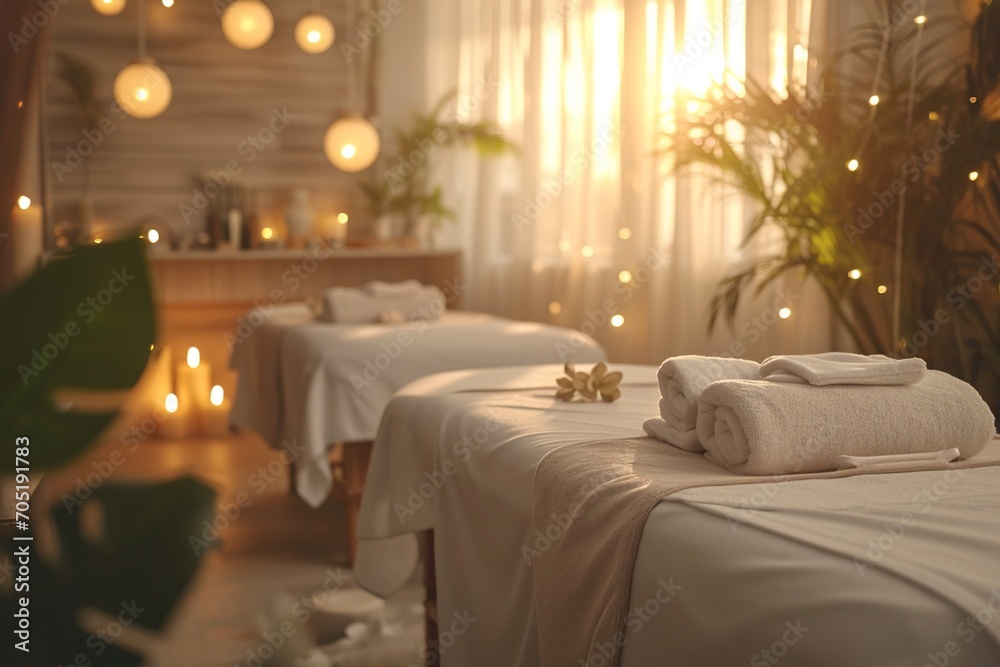 Serene Spa Setting with Massage Tables and Tranquil Decor Serene Spa Setting with Massage Tables and Tranquil Decor