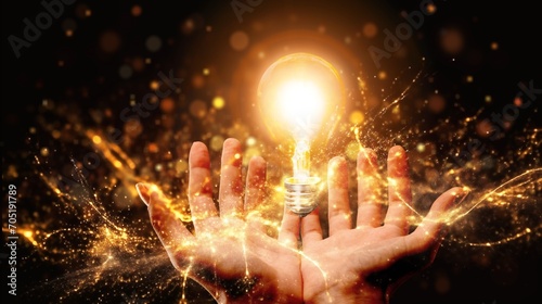 Creative solution design, hand hold light bulb