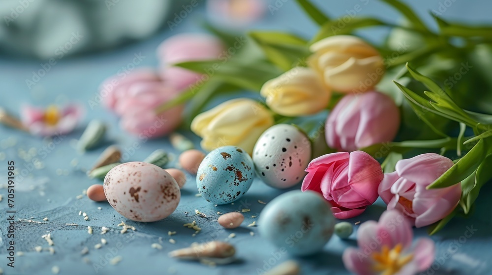 Blue background with easter eggs and tulips Blue background with easter eggs and tulips