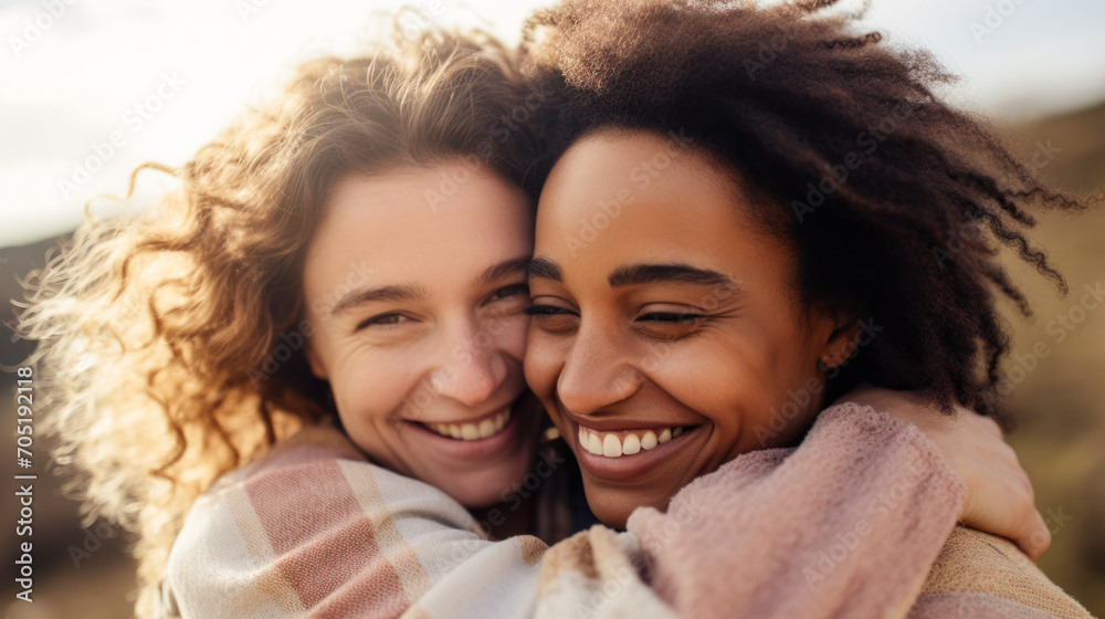 Two friends hugging and smiling celebrating International Hugging Day Two friends hugging and smiling celebrating International Hugging Day