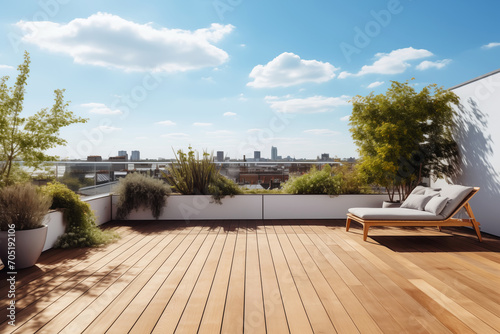 Empty outdoor roof terrace with potted plants in minimal style photo