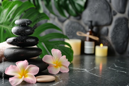 Tranquil Spa Setting with Massage Stones  Soaps  and Candles
