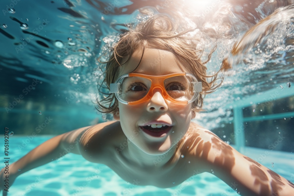a child, a boy, swims in the pool wearing goggles for swimming underwater. water treatments, a kind of sport. - obrazy, fototapety, plakaty 