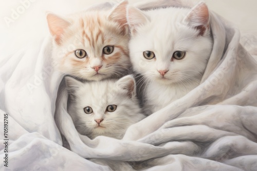 a cat with kittens, sleeping cute little pets wrapped in a warm blanket. a family of animals, feline babies.