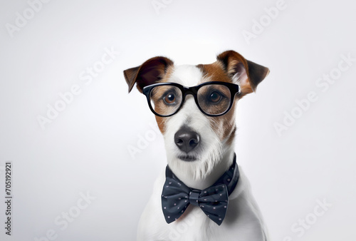 Smart dog Jack russell  in black  glasses, on light gray background. Education concept. © ulkas