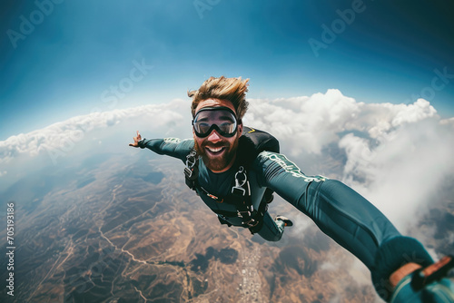 Happy man jumped from the plane with a parachute smiles and gets adrenaline in the sky