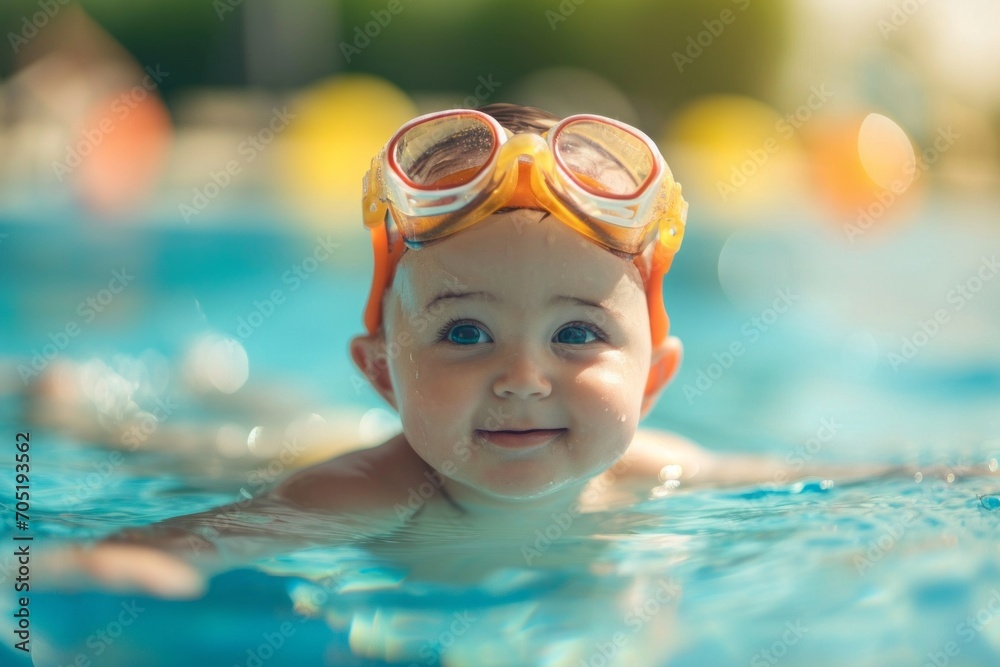 Naklejka premium Little swimmer, joyful kid, baby swims in the pool with swimming goggles. portrait of a contented child. water treatments, children's entertainment.