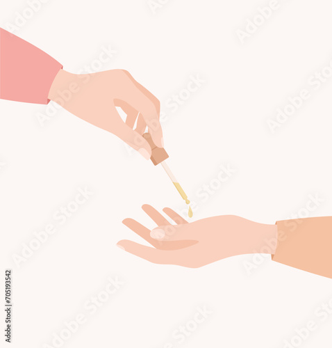 Two female hands with pipette of face serum. Flat vector illustration