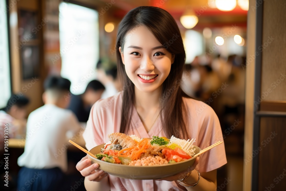 asian model posing in front of the camera with a delicious plate of asian food asian model posing in front of the camera with a delicious plate of asian food