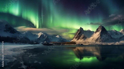 Northern lights on the lake in the mountains