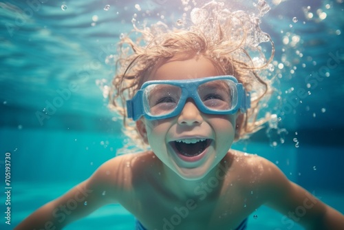 a child, a boy, swims in the pool wearing goggles for swimming underwater.