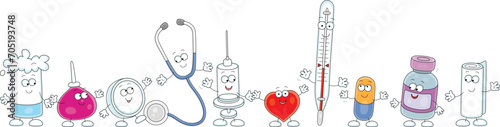 Funny characters of a medical syringe, tablet, cotton wool, aspirator, stethoscope, heart, thermometer, granule, bandage, vial, vector cartoon illustrations isolated on a white background