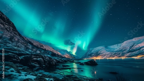 Northern lights on the lake in the mountains