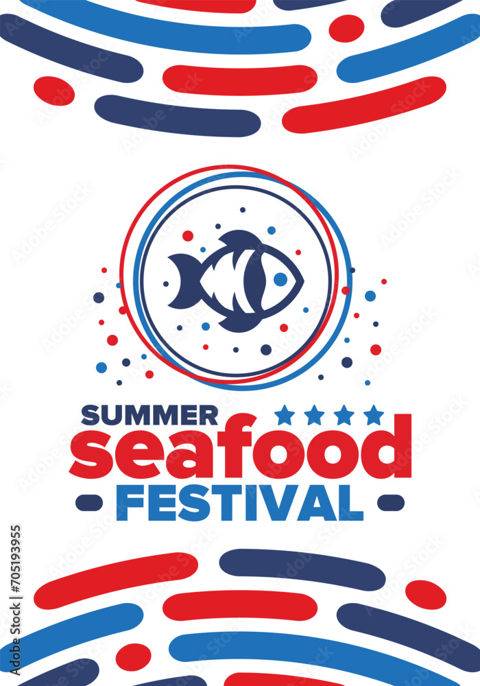 Seafood Summer Festival. Fish and Chips party. Family holiday event, happy celebration. Ocean and sea food. Healthy eating, outdoor barbecue. Vacation with delicious snack. Vector illustration Seafood Summer Festival. Fish and Chips party. Family holiday event, happy celebration. Ocean and sea food. Healthy eating, outdoor barbecue. Vacation with delicious snack. Vector illustration