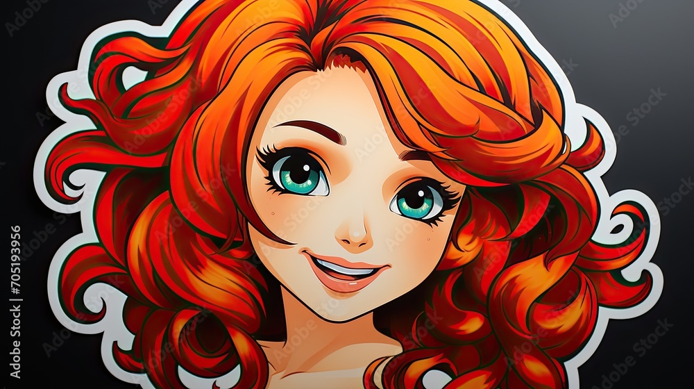 Sticker, Happy girl with long red curly hair in retro comic pop art style on a black background, expressive blue eyes
