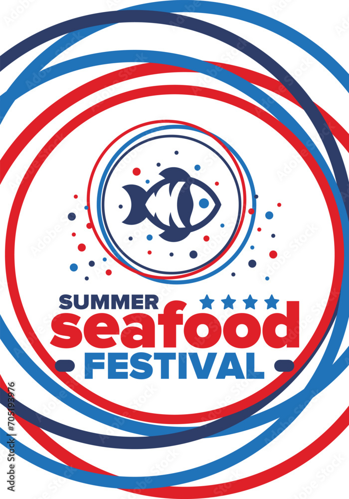 Seafood Summer Festival. Fish and Chips party. Family holiday event, happy celebration. Ocean and sea food. Healthy eating, outdoor barbecue. Vacation with delicious snack. Vector illustration
