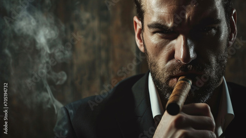 A dark brooding business man looks at the camera with an intimidating expression and holding a big cigar. Horizontal with copy space. Generative AI