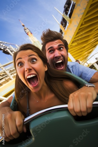 Couple riding a roller coaster